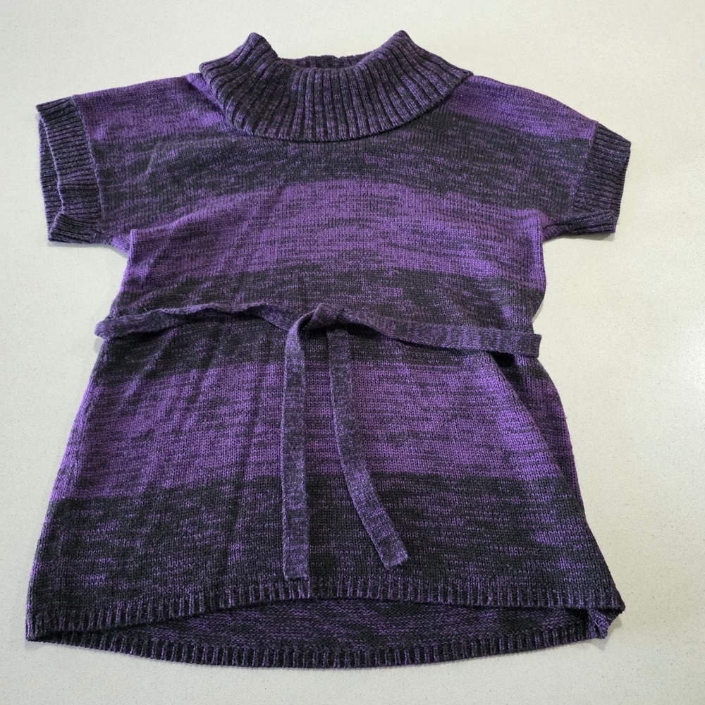 Purple Black Space Dye Cowl Neck Short Sleeve Belted Tunic Sweater Womens